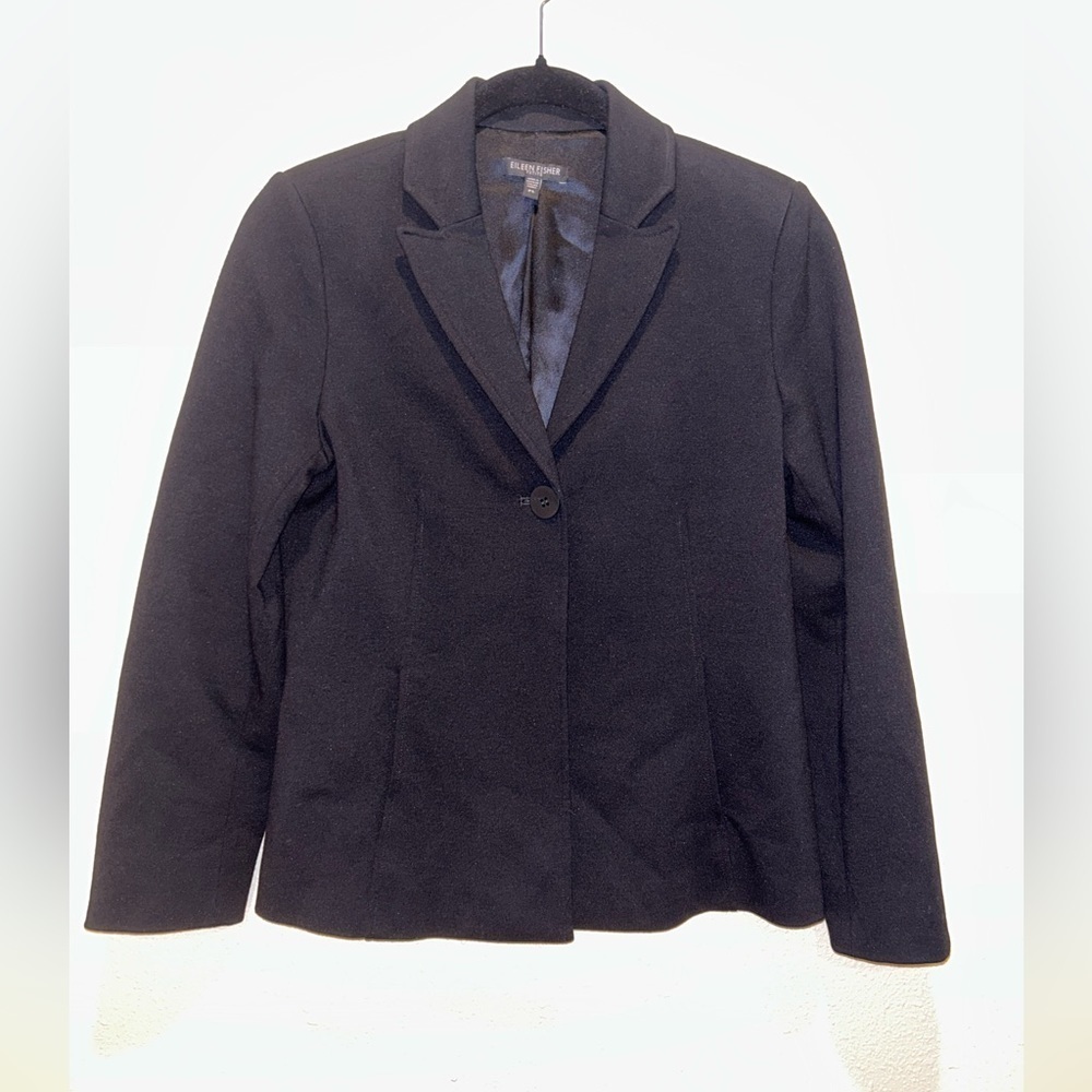 Eileen Fisher Womens Size SP Petite Blazer One Button Jacket Black‎ Stretch Knit